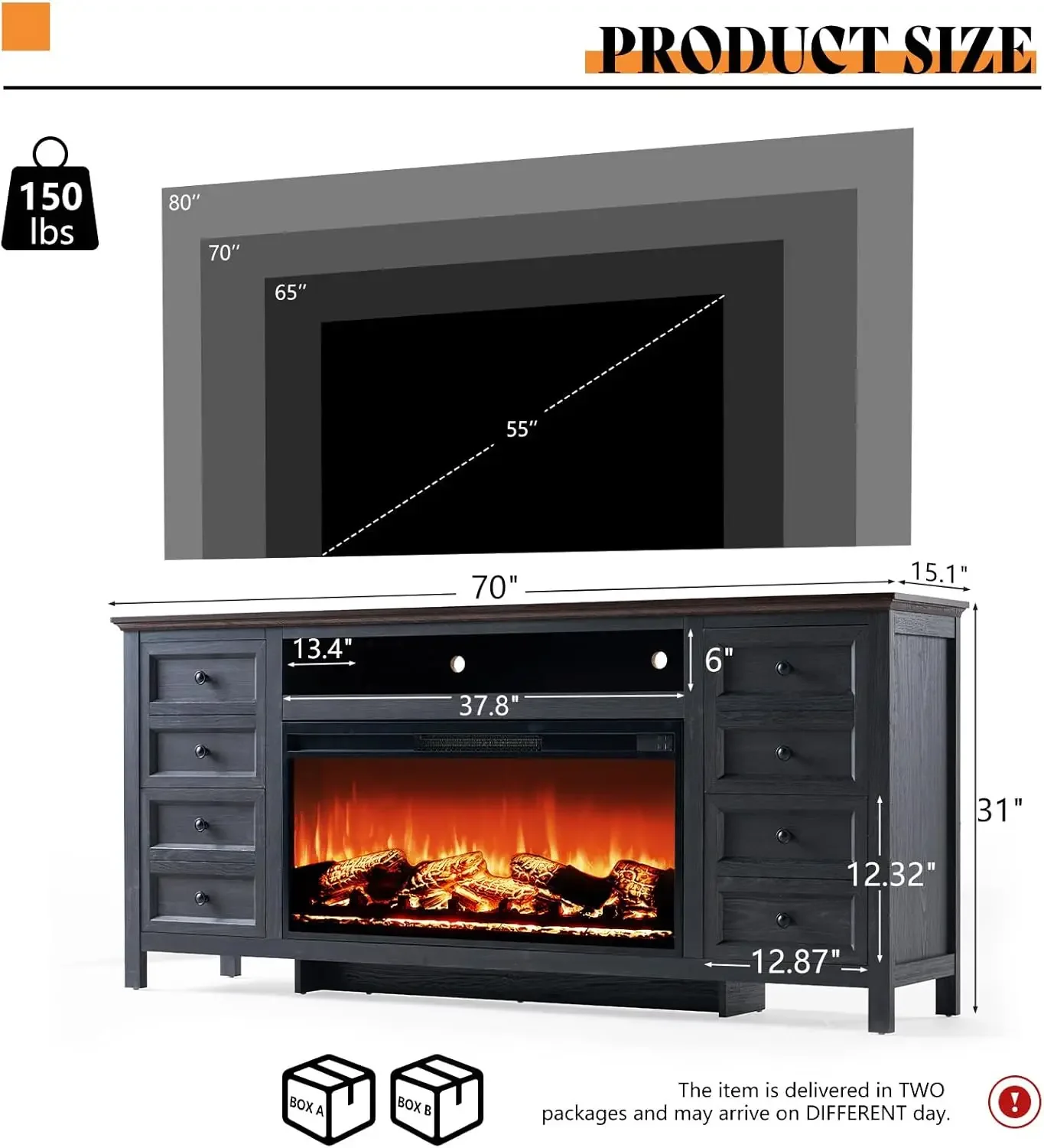 NEW-70" Farmhouse TV Stand with 37" 7,Color Fireplace for 80" TVs,Dresser Stand w/Heater,4 Storage Drawers, Grey