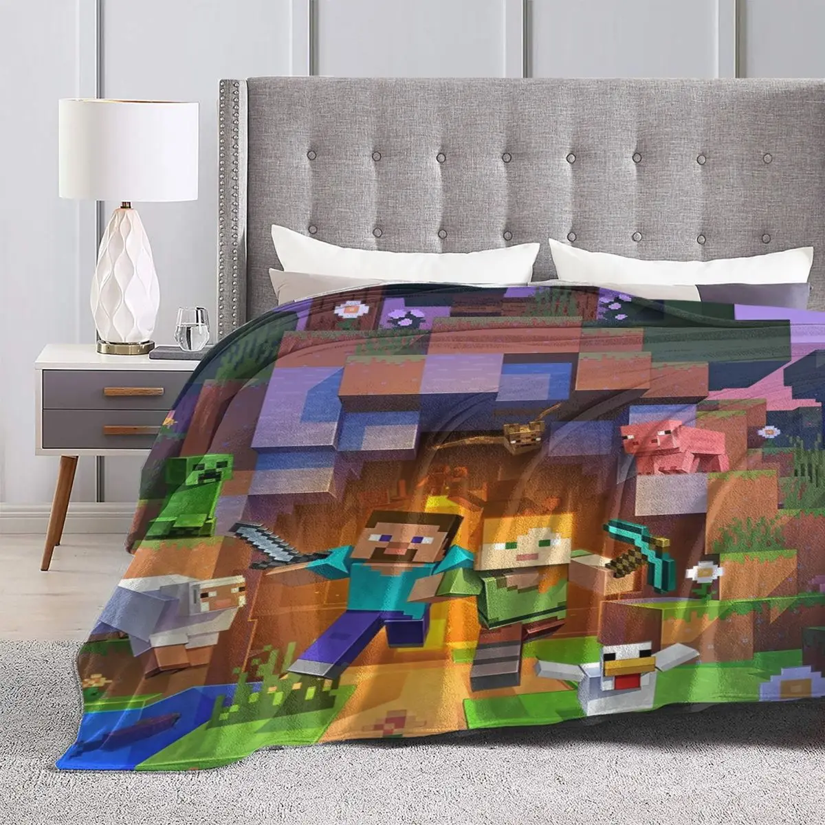 Cartoon Mines Pixel Game Crafts Flannel Blanket Super Warm Throw Blanket for Home Decor Decorative Street Trend Bedspread 4