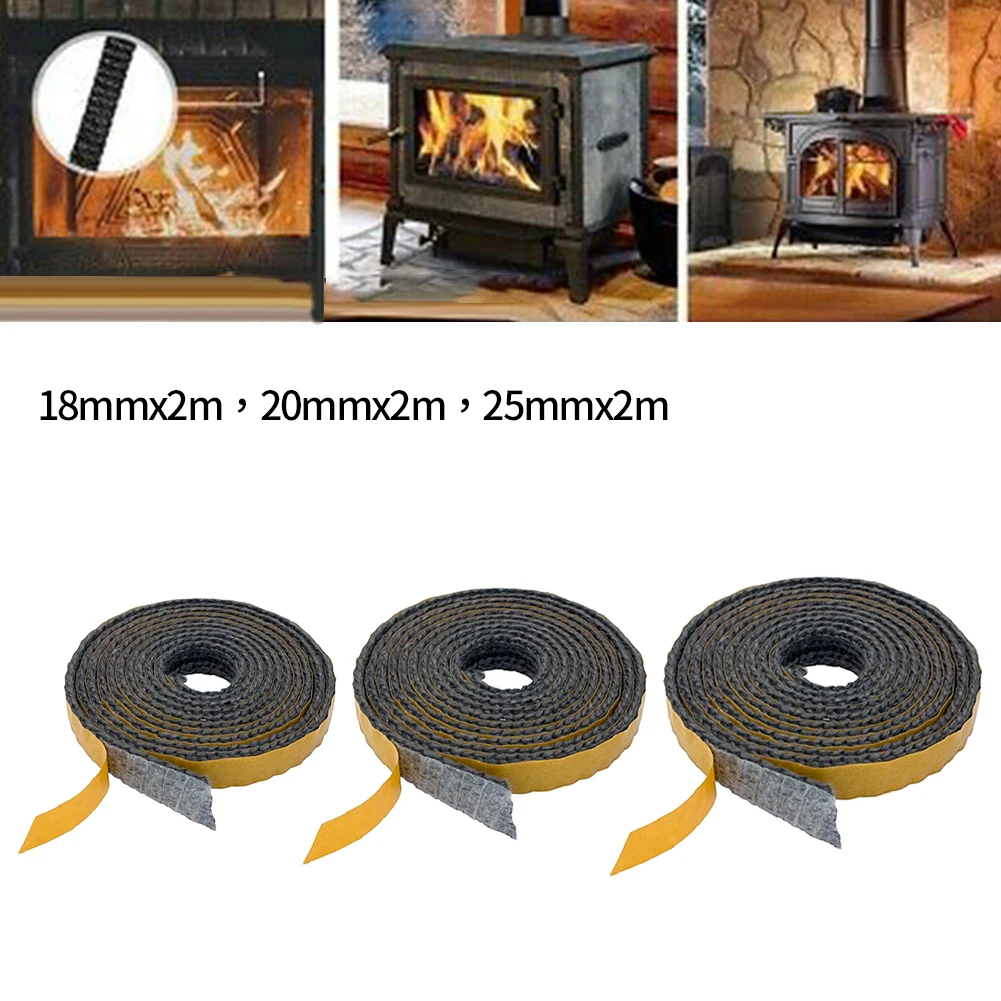 

18/20/25mm 2m Fiberglass Self Adhesive Glass Seal Stove Black Flat Stove Fire Rope Fireplace Home Improvement Stove Sealers