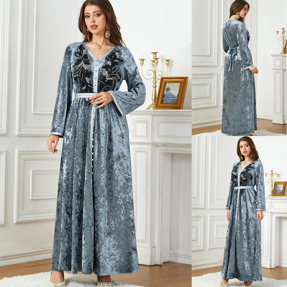 

2023 New Muslim Kaftan Women Fall Winter Velvet Robe Luxury V-neck Dress Lady Long Sleeve Beading Party Clothes Abaya Dubai Gown