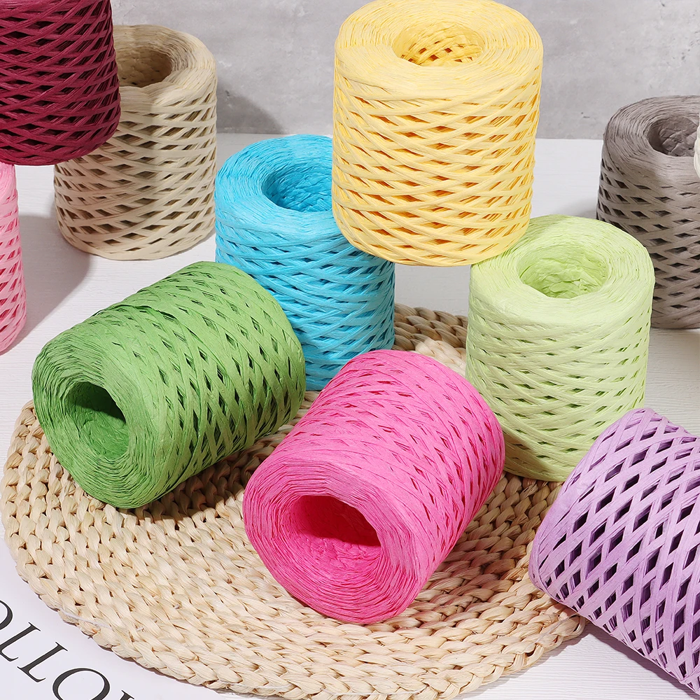 Macrame String Raffia Straw Yarn Hand Woven DIY Material 200m Colored Decorative Rope Hand Braided Raffia Paper Rope Environmentally Baking Packaging Belt For DIY Weaving Hats Bags