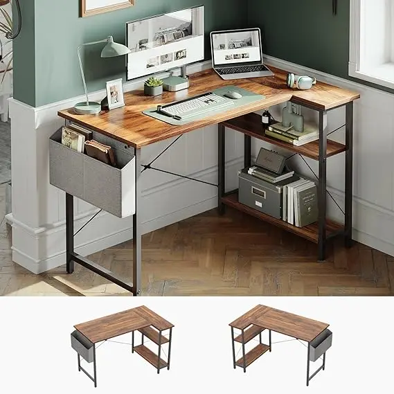 40 Inch L-Shaped Computer Desk with Reversible Shelves, Multifunctional Workstation for Office and Gaming