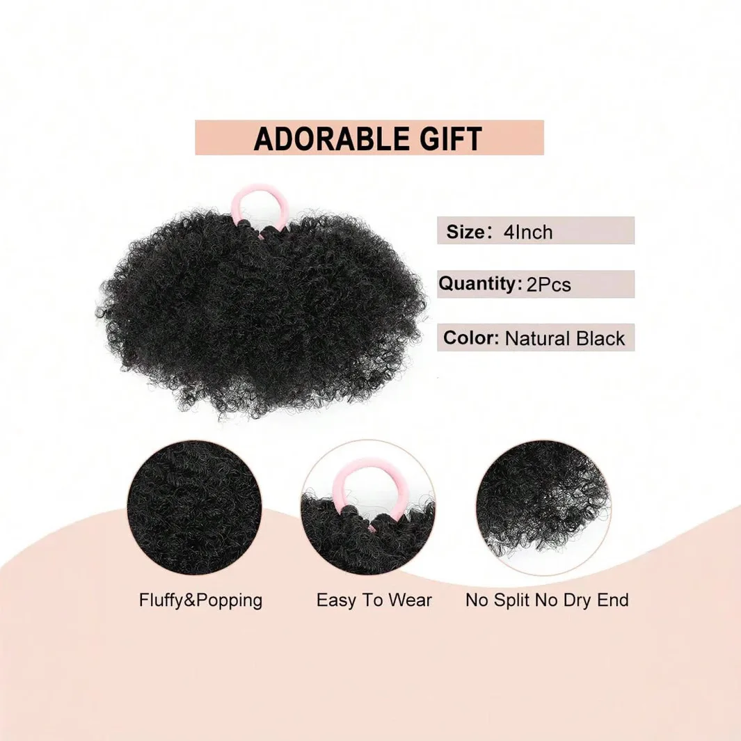 2 Pezzi Piccoli Chignon Sintetici Afro Puff, Acconciatura Riccia Crespa per Ragazze, Bambini, Neonati e Donne di Colore - immagine 3
