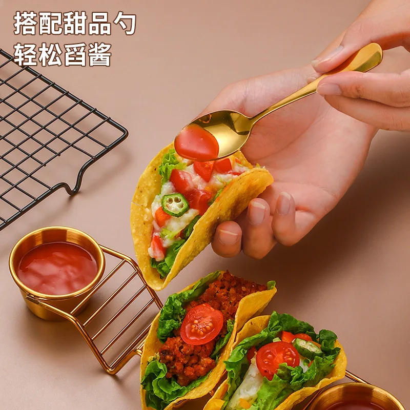 Stainless Steel Taco Holder Set Taco Shell Holder Stand with 2 Sauce Cups Stand Hold 3 Tortillas Kitchen Gadget