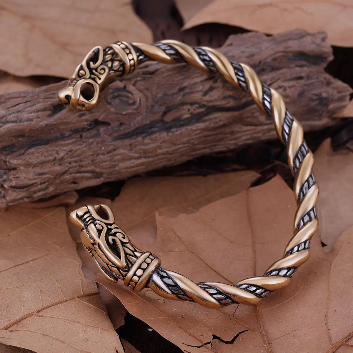 Edelstahl Vikings Wolf Kopf Twist Kabel Armreif männer Vintage Mixed Gold Farbe Punk Hip Hop Biker Schmuck Geschenk – Detail 1
