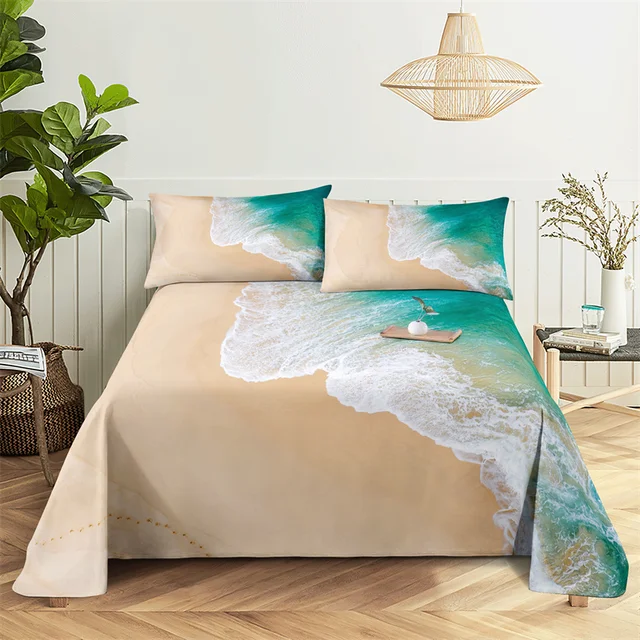 Beautiful Coastline，Sandy Beach 0.9/1.2/1.5/1.8/2.0m Digital Printing Polyester Bed Flat Sheet With Pillowcase Print Bedding Set