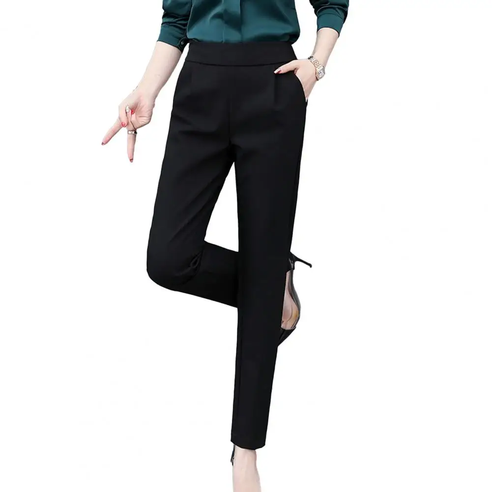 

Women Solid Color Suit Pants High Waist Elastic Waistband Slant Pockets Slim Fit Casual Long Trousers Workwear