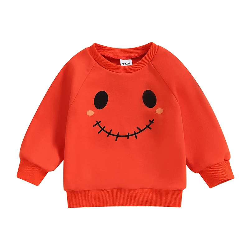 

Toddler Baby Girls Boys Sweatshirts Halloween Clothes Pumpkin Smiling Face Print Crew Neck Long Sleeve Infant Pullovers Tops