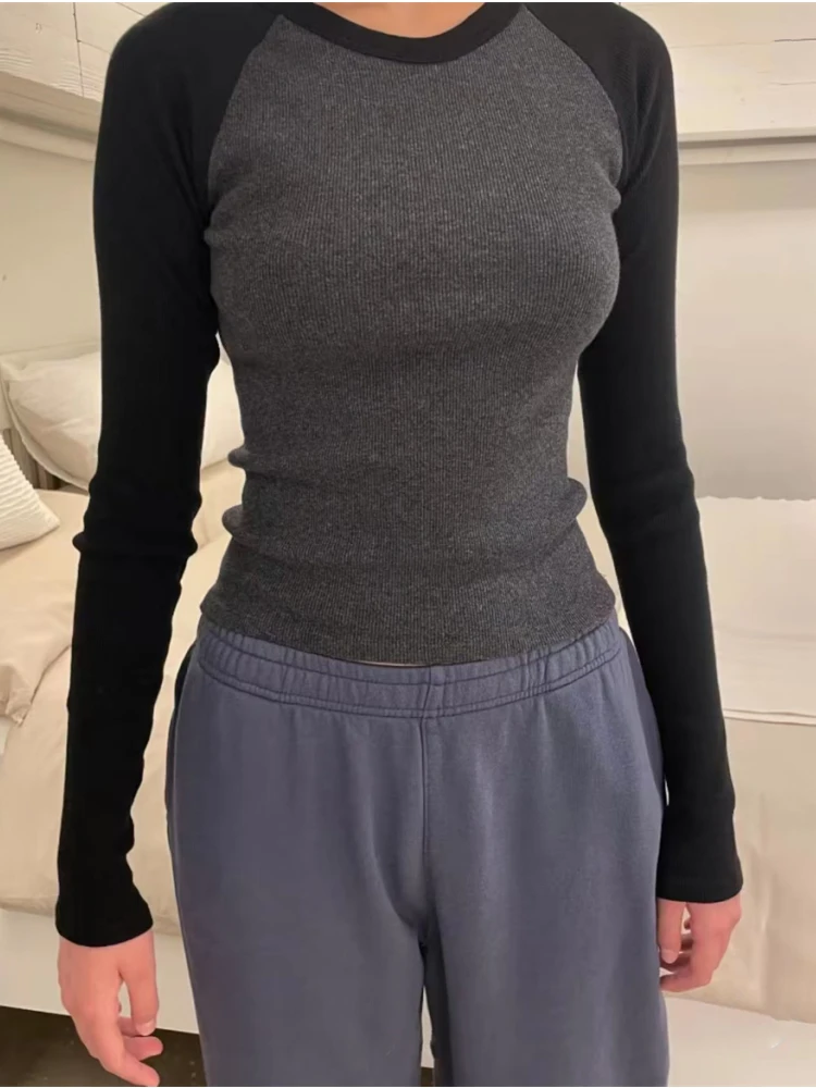 

Casual Women Grey Patchwork Tees 2023 Fall Vintage Ladies O-Neck Raglan Long Sleeves Tees Female Slim Tops