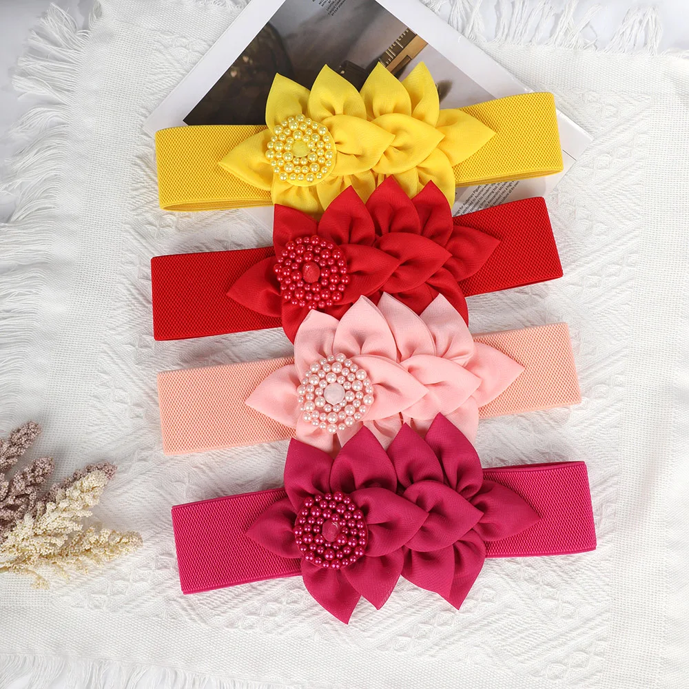BigFlowerElasticBeltsForWomenPearlBeadsWideWaistBeltStretch