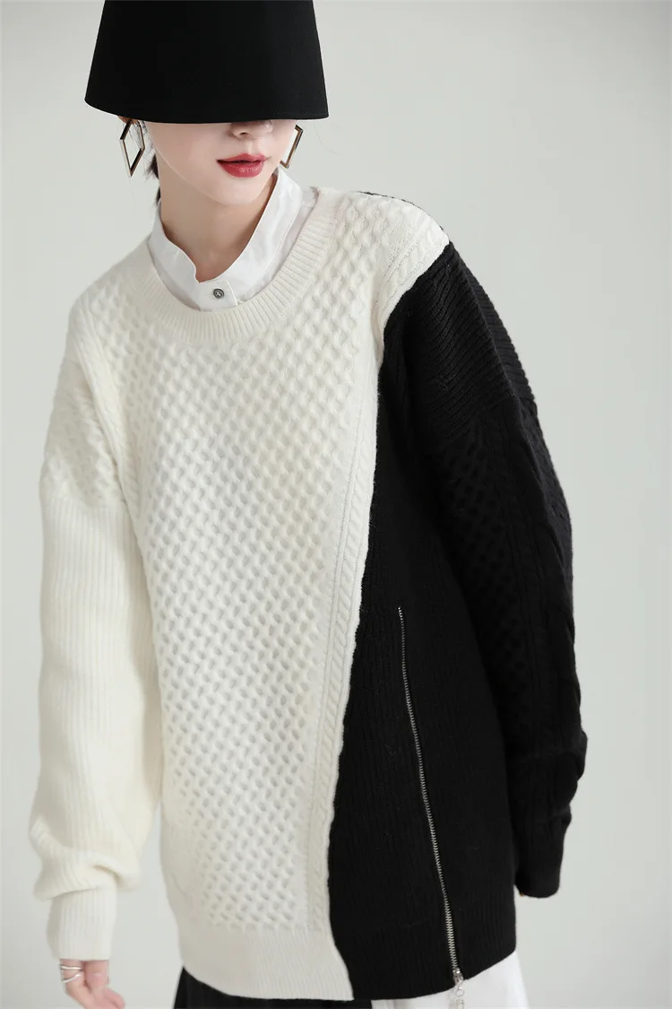 

Loose Sweaters Pullover Women Tops Winter Contrast Color Mid-length Thick Knitwear Zipper Street Hipster Round Neck Knit Jumpers