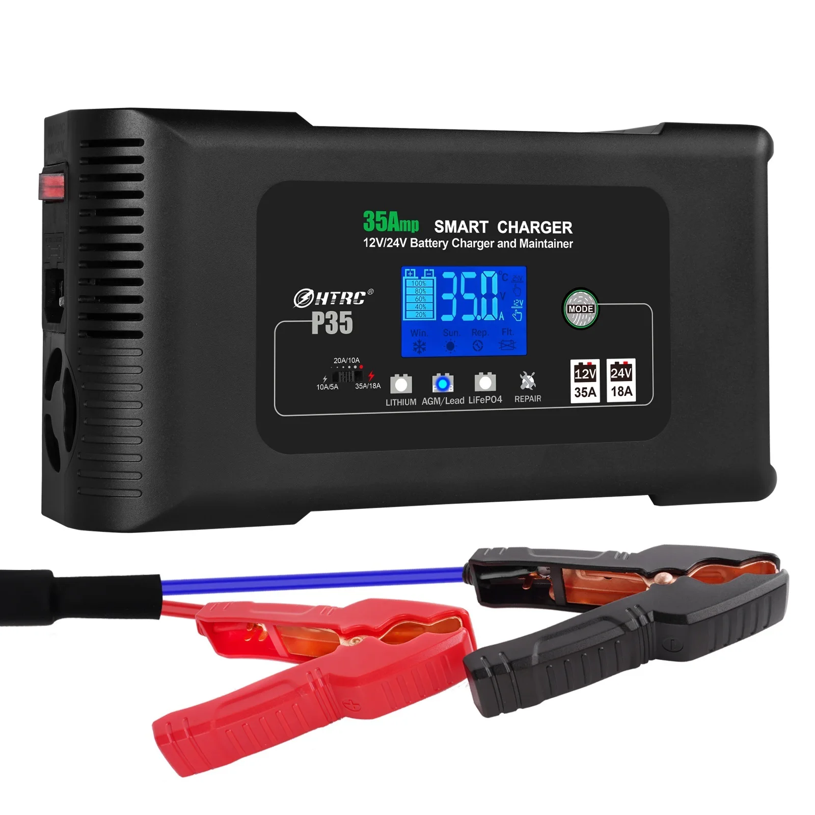 

Top Large Power 35A 12V 24V Car Battery Charger for Auto Moto Truck Motorcycle AGM Lead Acid PB GEL LCD Display Smart Charging