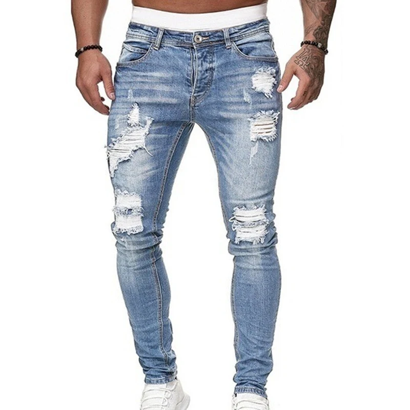Spring Summer New Solid Color Fashion Jeans Man High Street Casual Slim Harajuku Pants Men Zipper Pockets Hole All-match Trouser