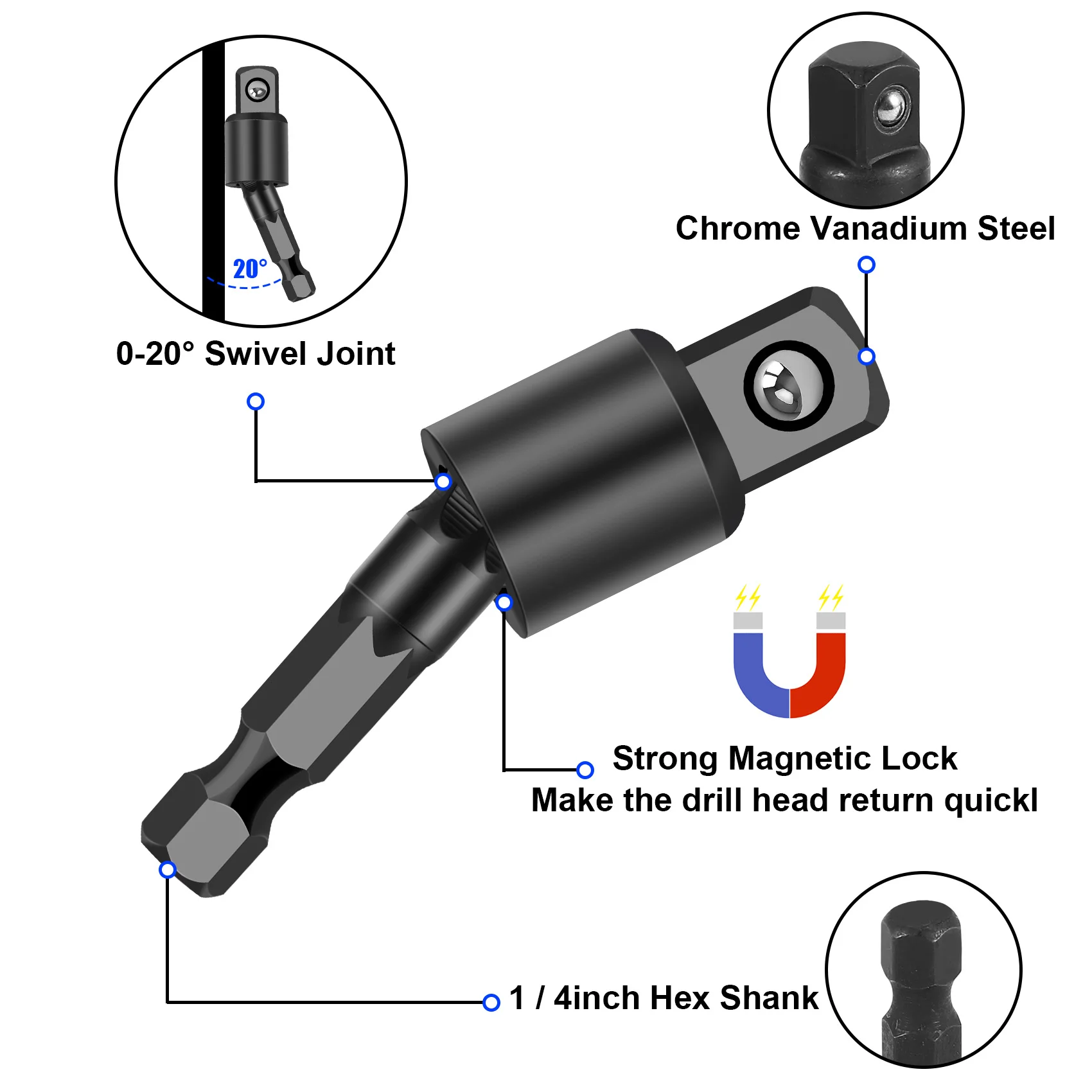 3PC Wobble Socket Adapters Universal Joint Swivel Socket Set, 1/4 Inch Hex Shank to 1/4 3/8 1/2 Square Drives