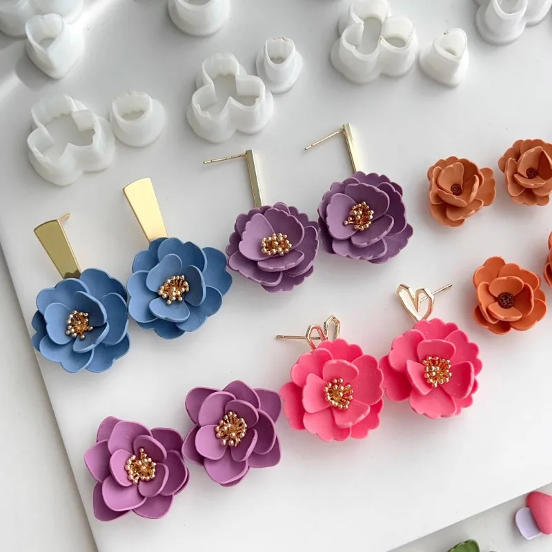 2pc Flower Press Silicone Mold Polymer Clay Micro Cutters Floral Roses  Flowers Earrings Pendant Making Polymer Clay Craft Making Molds Silicone  Mold C
