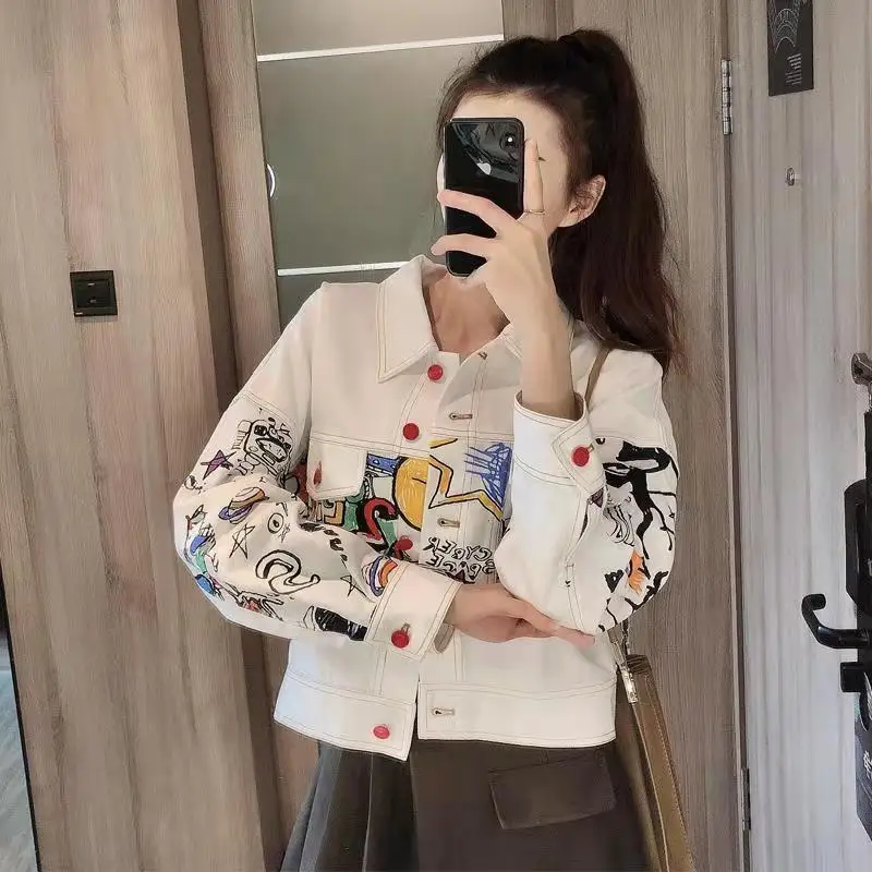 

Spring and autumn jeans jacket Women's Clothing fashion doodle jacket loose Korean version of college style short Denim Coat
