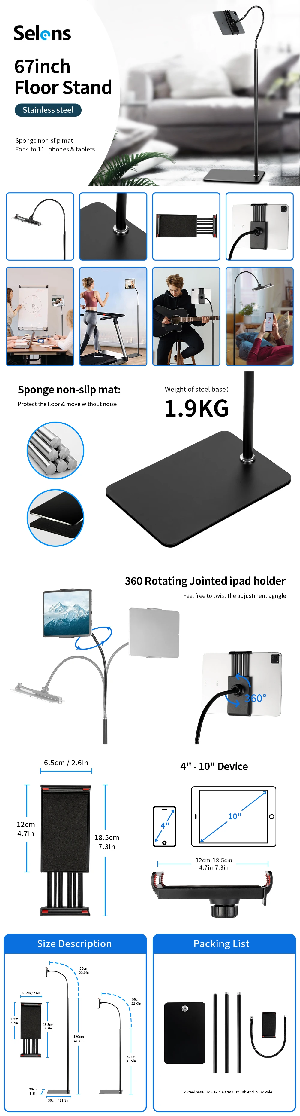Universal 67 Inch Stainless Steel Floor Stand Tablet Mount Stand Phone Holder Tr