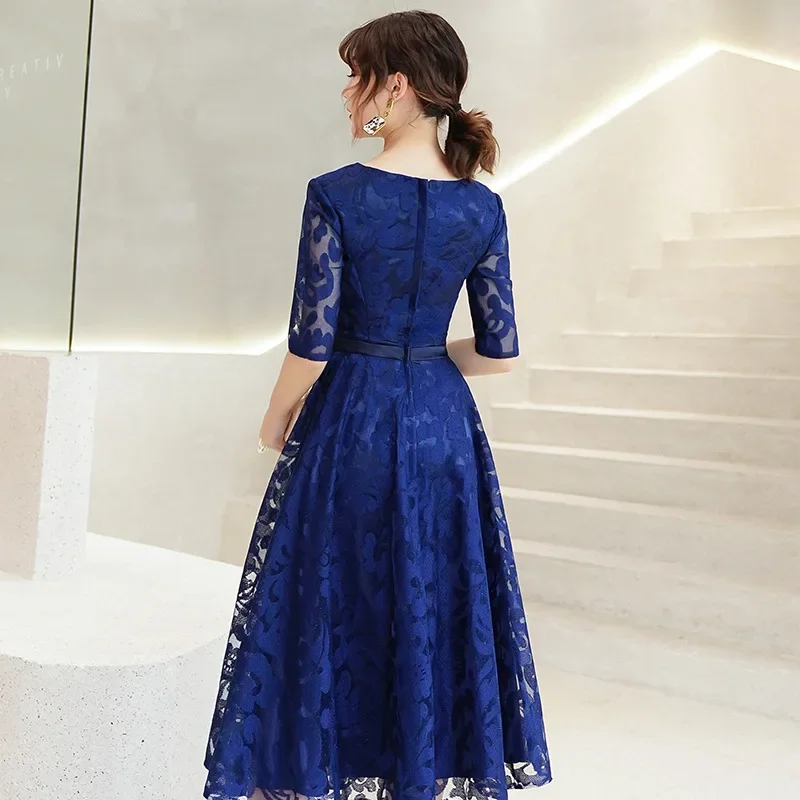 Navy Blue Bridesmaid Dress Lace Tea Length Formal Party Gown For Ladies YSM071