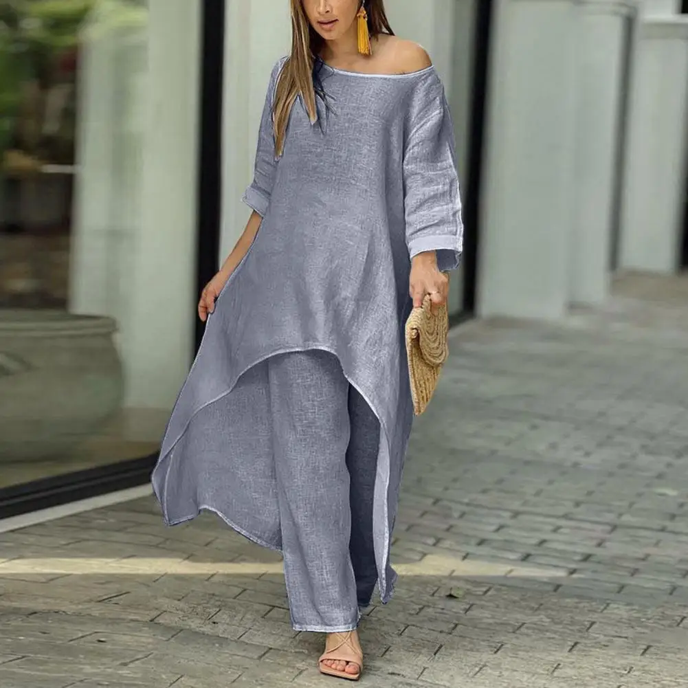 

Solid Color Long Top Wide Leg Pants Set Casual T-shirt Long Pants Outfit Office Lady Mid-length Top Pants T-shirt Trousers Suit