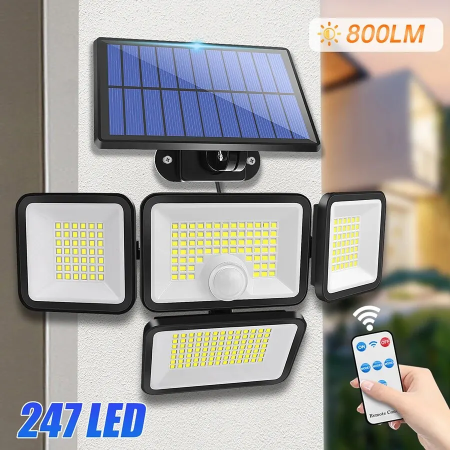 Solar Lights for Outside 247 LED IP65 Waterproof 800lm Solar Wall Lamp with Remote Control 4 Heads Solar Flood Street Light