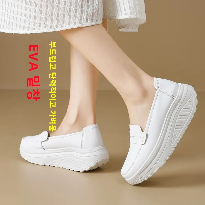 가죽 플랫폼 슬리퍼 여성 캐주얼 신발 봄 가을 새로운 스타일 슬립온 간호사 신발 두꺼운 바닥 소가죽 신발