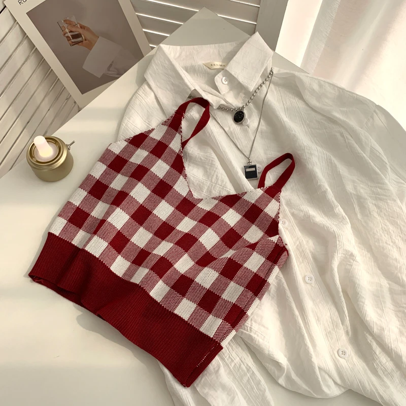 thumbnail image 1 of Camisola de punto con cuadros, top corto sin mangas a cuadros, bonito chaleco para adolescentes, niñas y mujeres, atuendo de verano, 1 of 5