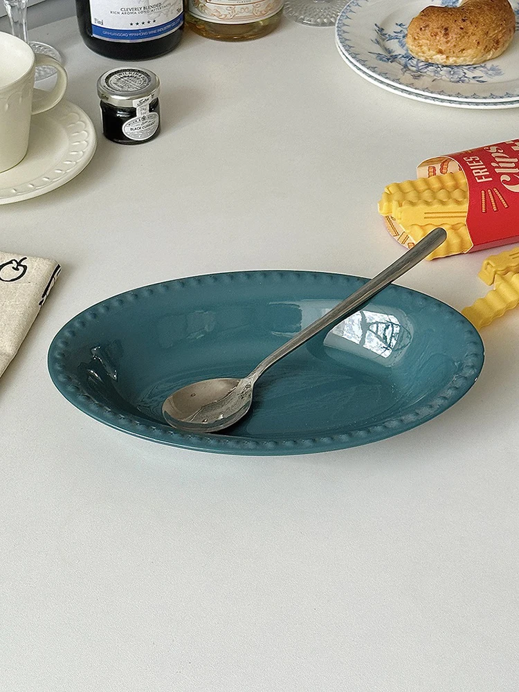 Vintage Embossed Oval Plate Light Luxury Pasta Soup Plate Restaurant Salad Lake Green Tableware
