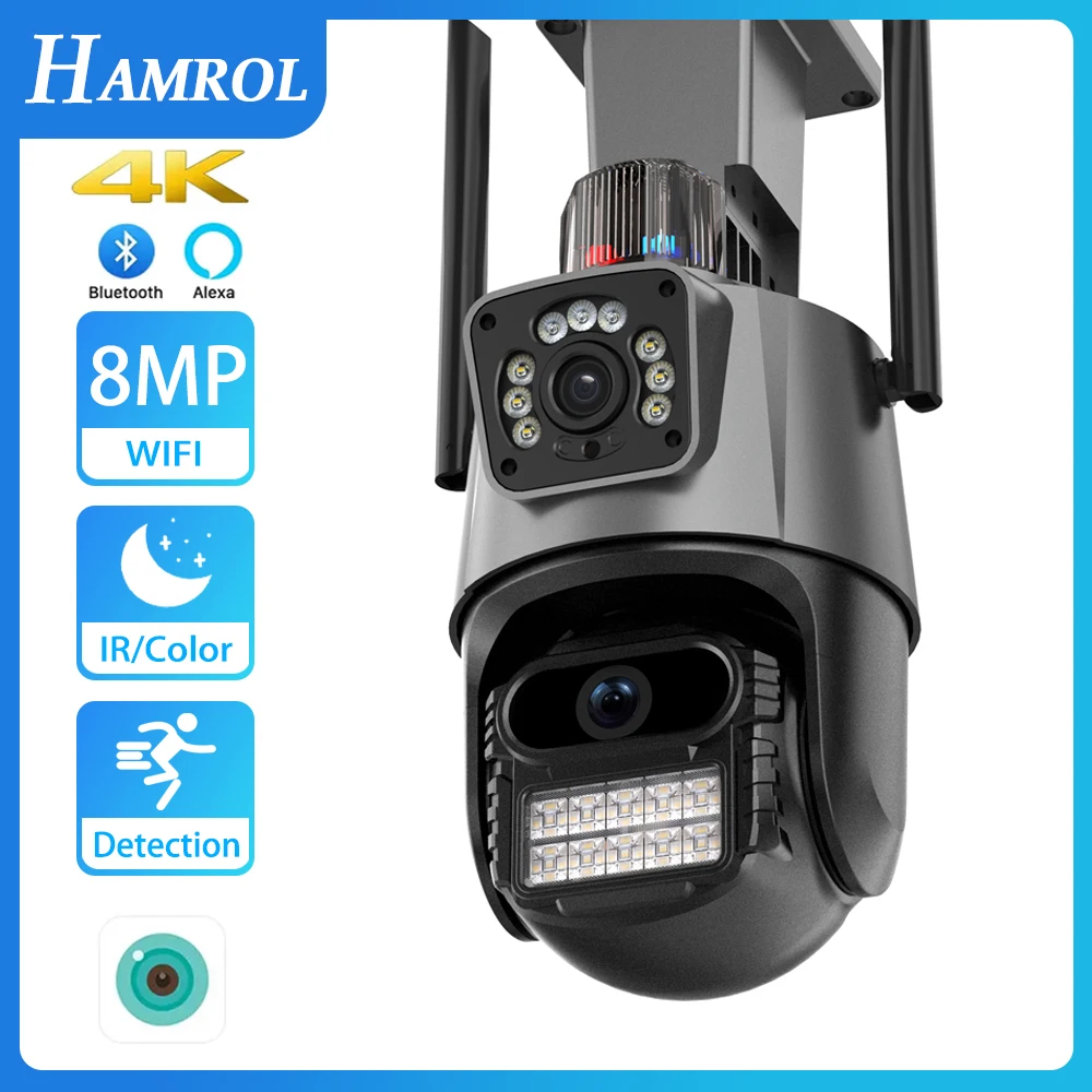 HAMROL 4K 8MP WIFI IP Camera Dual Screen Light Alarm Motion Detection Outdoor Wireless Dual Lens 4MP PTZ Video Security Camera custom custom linen material 7 inch 10 inch ips screen digital card video brochure wedding motion video book