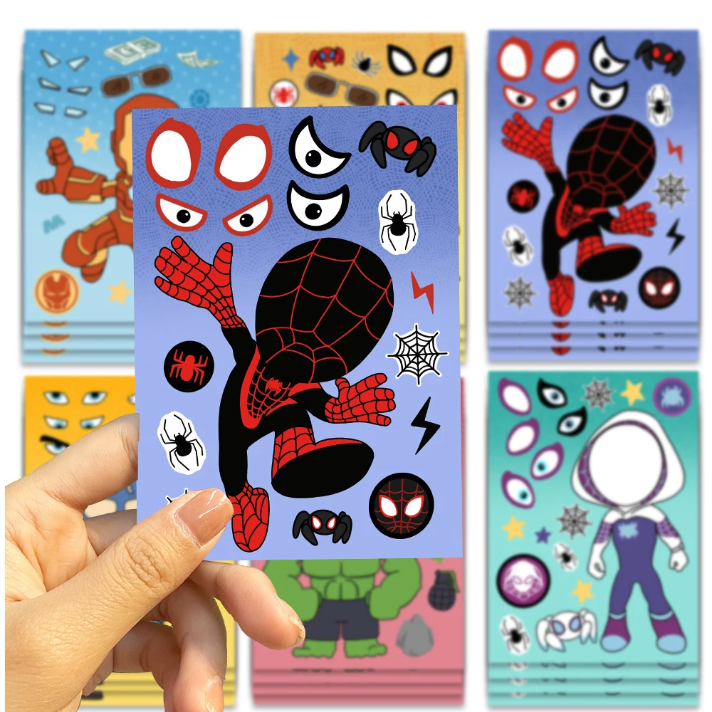 6/12Sheets Disney Spiderman and His Amazing Friends Make a Face Puzzle Sticker Anime DIY Assemble Jigsaw Sticker for Kids Toys