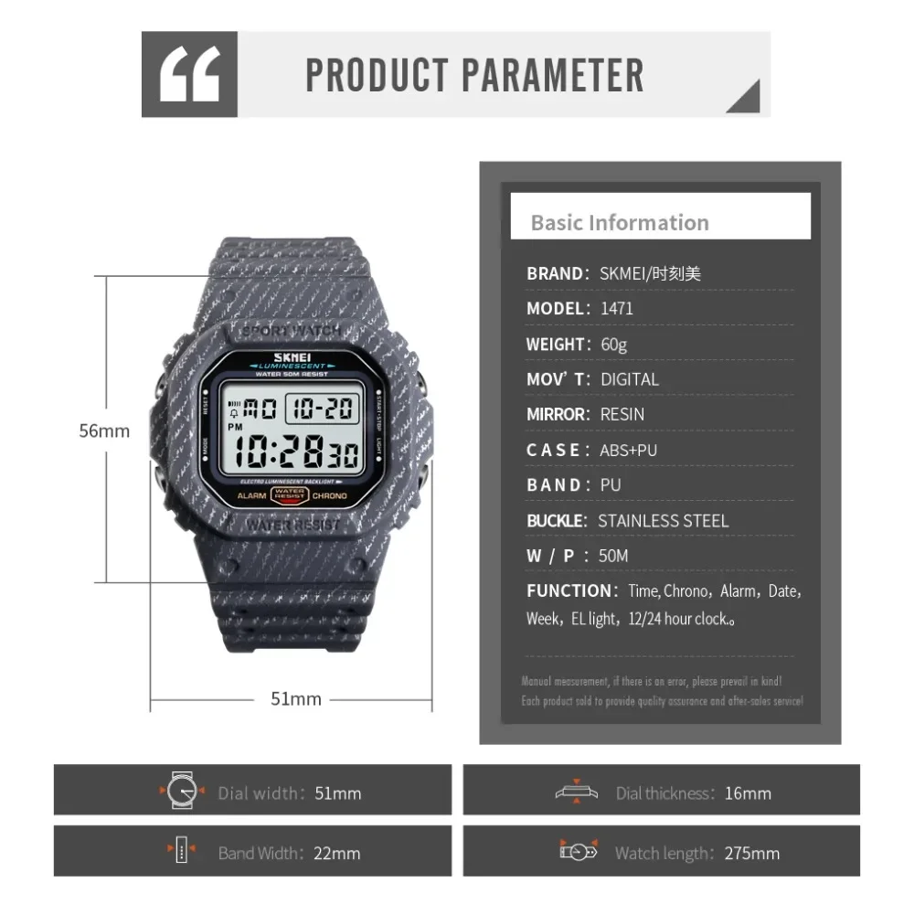 Skmei 5Bar Waterproof Alarm Clock Cowboy Military Fashion Watches Relogio Masculino Outdoor Sport Watch Men Digital Watch 1471 6