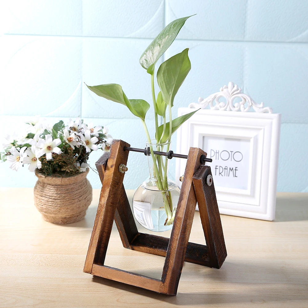 Glass Transparent Plant Bonsai Swing Bottle Vase Wooden Frame Birthday Gift Yard Pot Garden Desktop Landscape Supplies 3