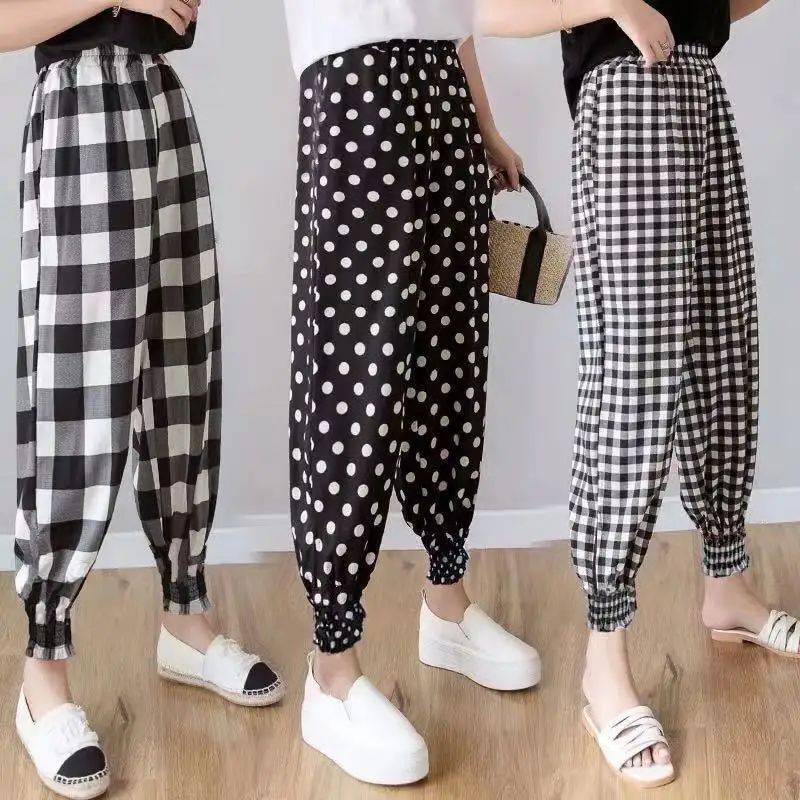 Pantalones De Verano Para Mujer - Gasa Ligera, Cintura Elástica Alta, Corte Recto Acampanado, Color Negro A Cuadros