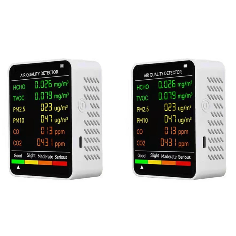 

2X 6 In 1 PM2.5 PM10 HCHO TVOC CO CO2 Air Quality Detector CO CO2 Formaldehyde Monitor Office Air Quality Tester,White