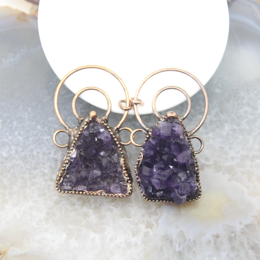 Large Amethysts Druzy Soldered Bronze Pendant,Bohemia Antique Copper Quartz Geode Charms Viintage Retro Necklace Jewelry Making