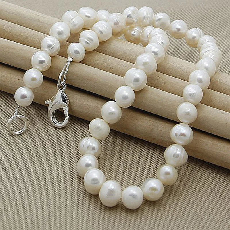 Aravant 925 Silver 8MM White Pearl Necklaces Chains For Women Fashion Jewelry Gifts