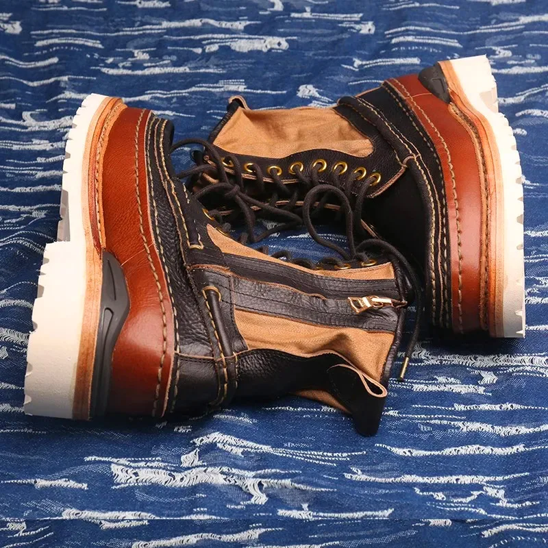 High Quality Handmade Mens Boots Retro Patchwork Genuine Leather Work Boots Men Lace Up Canvas High Top Shoes Size 45 46