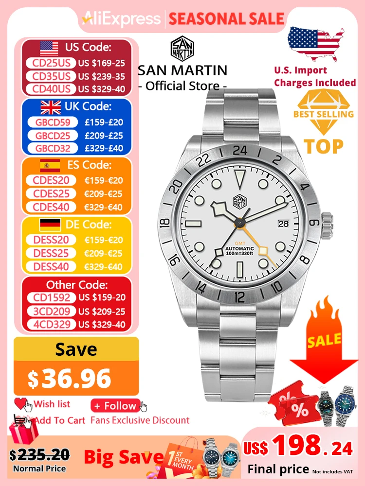 サンマーティン 新型 39mm NH34 BB GMT 自動巻き機械式腕時計 スポーツ