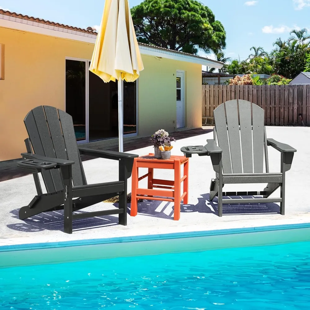 Adirondack Chair Set of HDPE Folding Adirondack Chair w/4 in 1 Cup Holder Trays,Weather Resistant Outdoor Chair, 2