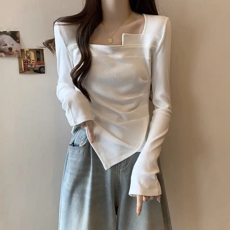 

Spring Autumn New Fashion Elegant Square Neck Long Sleeved Tee Casual Versatile Western Solid Color Slim Clothing Women's Tops