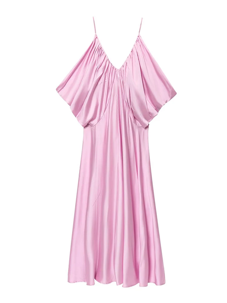 TFMLN New 2025 Women's Pink Pleated Sling Dress Loose V-neck Sleeveless Backless Evening Dresses Summer Sexy Club Party Robe