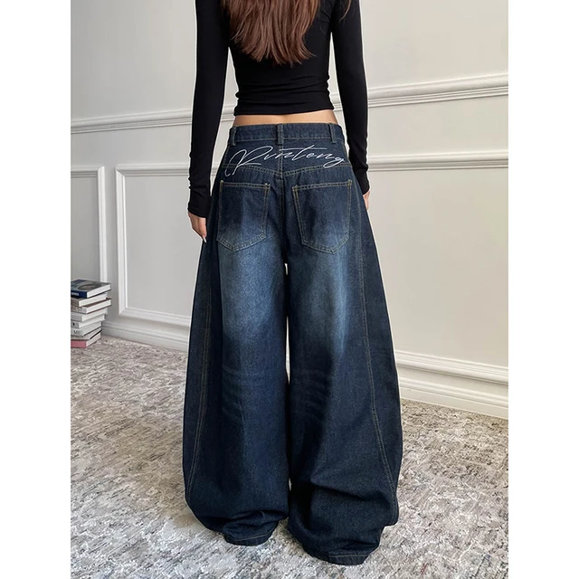 Bleu femmes rétro Y2K 2000s jambe large Baggy décontracté Denim pantalon taille haute jean ample 2024 automne Harajuku pleine longueur pantalon 4