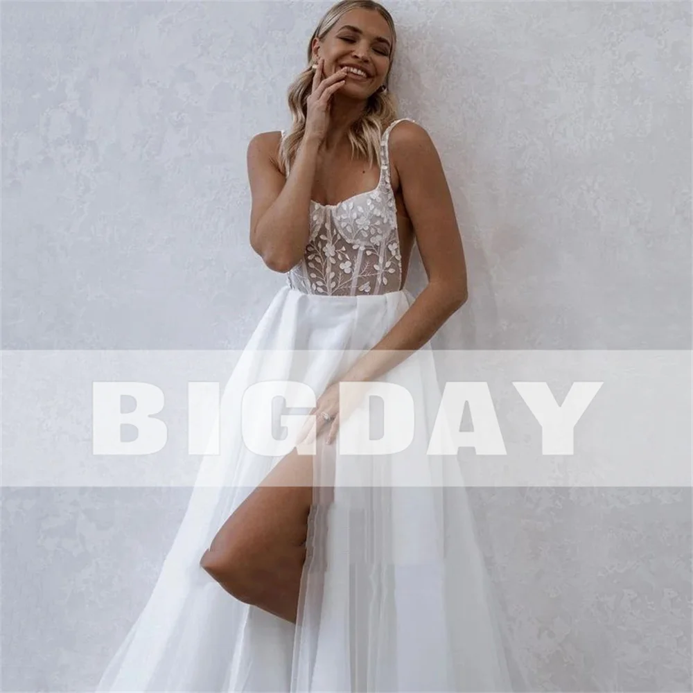 A-Line Wedding Dress Women Lace Open Back Square Collar Spaghetti Straps Split Bridal Gown Train Vestidos De Noiva Customized 6