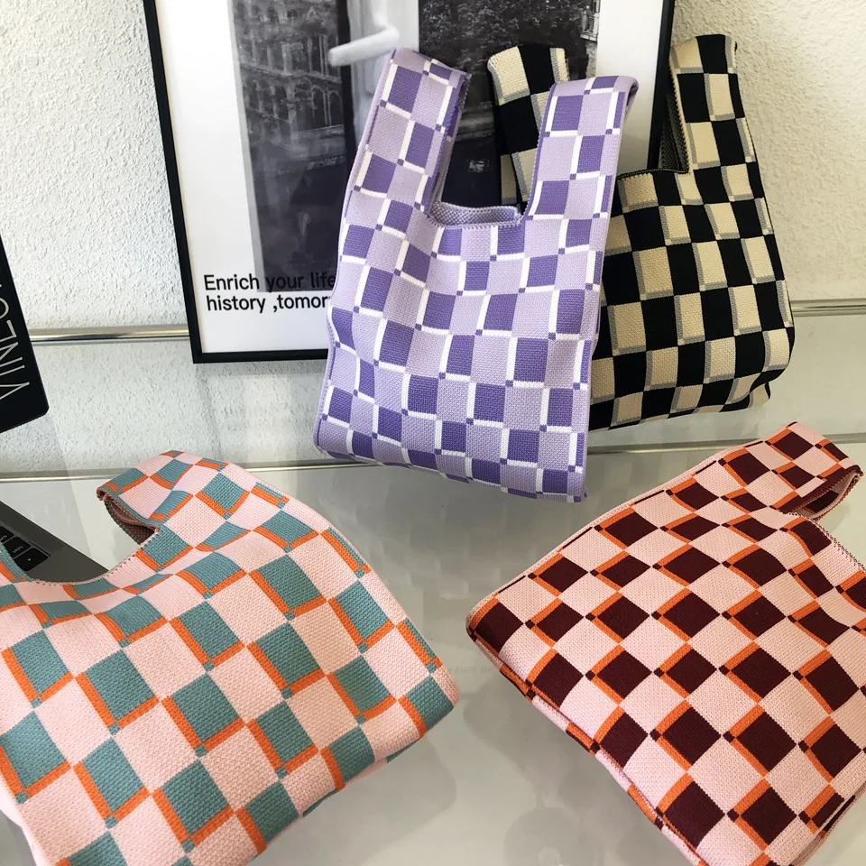Female 90s Fashion Aesthetic Y2k Crochet Japanese Knot Bag Knitted Woven E Girl Emo Checker Harajuku Stylish Small Pouch Bag
