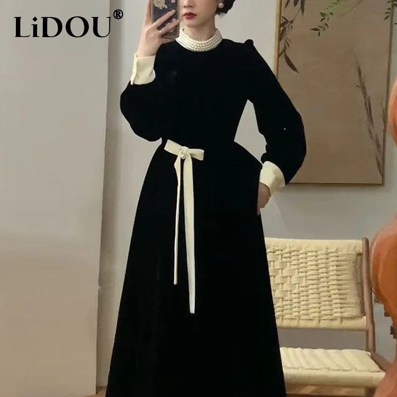 

Spring Autumn Half High Collar Beading Black Dress Ladies Elegant Fashion Lace Up Robe Women Long Sleeve Temperament Vestidos