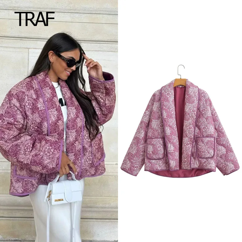 

TRAF Print Quilted Jacket Women's Padded Jacket Demi-Season Long Sleeve Top Cropped Cardigan Korean Style Outerwears New In Coat