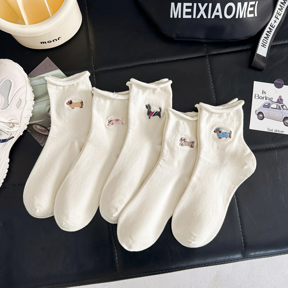 Niedliche Mädchen-Socken mit Cartoon-Tier-Stickerei Hund Katze Weiße Socken Gekräuselte Weiche Locker Sitzende Socken Welpen Kätzchen – Detail 20