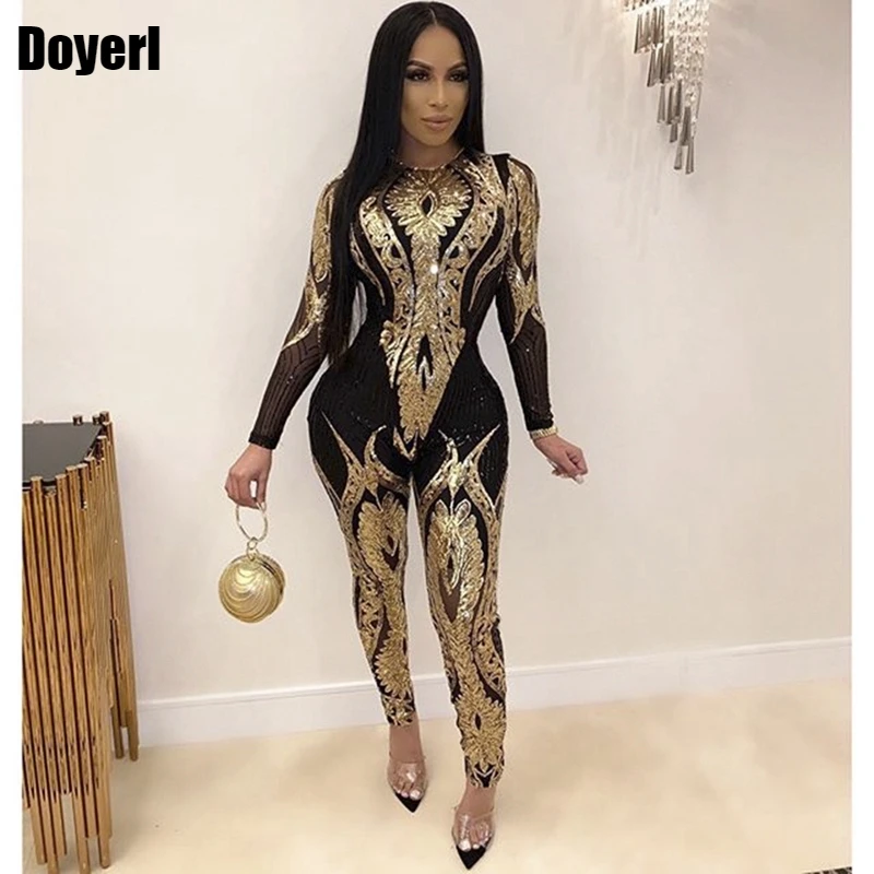 Sexy Gold Sequin Jumpsuit Women Bodycon 