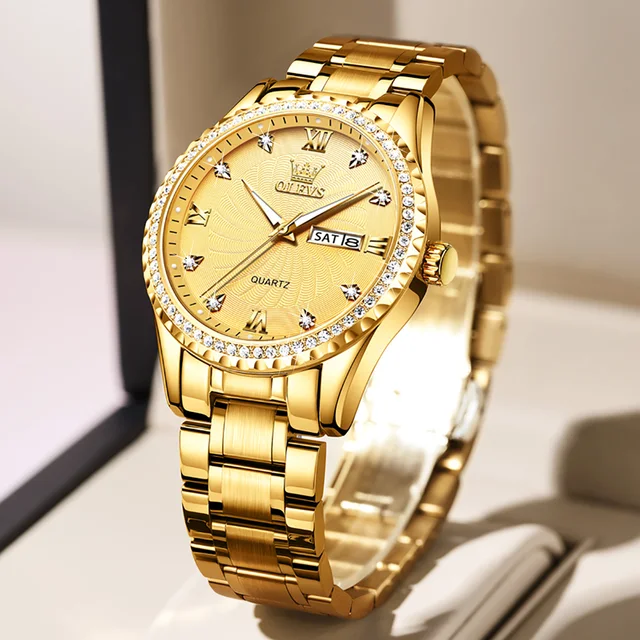 TAXAU Brand Luxury Golden Diamondencrusted OLEVS Quartz Watch For Men