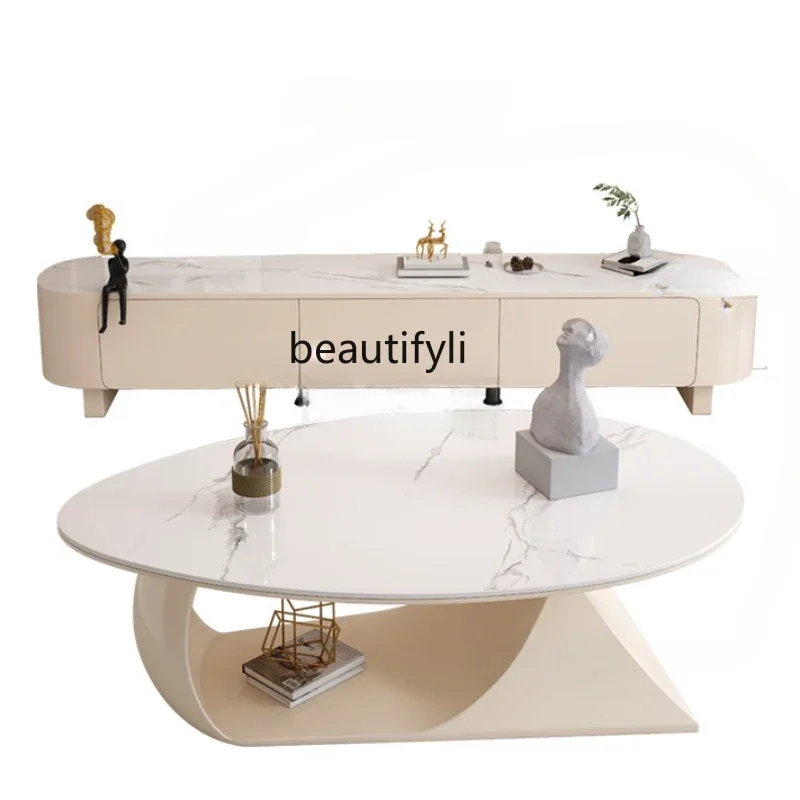 

French Cream Style Living Room Coffee Table TV Cabinet Unit Household Small Apartment Stone Plate Oval Paint furniture