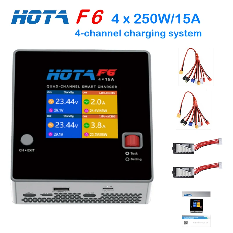 

HOTA F6 4-Channel Smart Charger DC1000W 4*15A for Lipo LiIon NiMH Lipo Remote Control Model Balance Charger USB Type-C